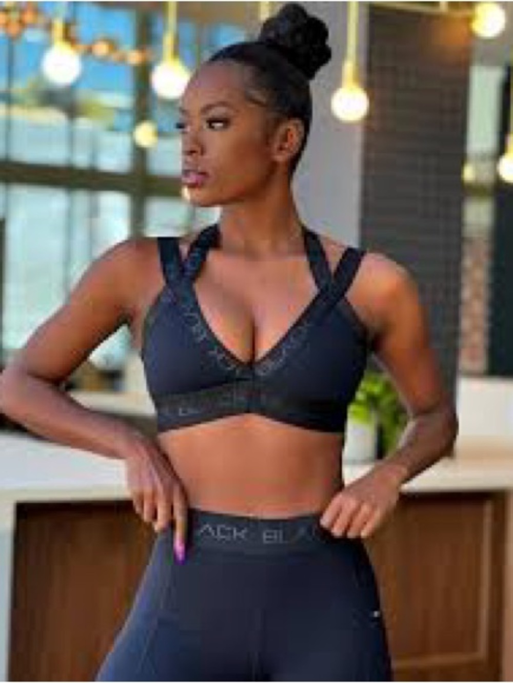 Black Lace-Trim Support Sports Bra with Wide Crisscross Straps